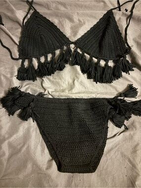 (NEW w/o tags) POL Black Crochet Tassel Bandeau Bikini Set